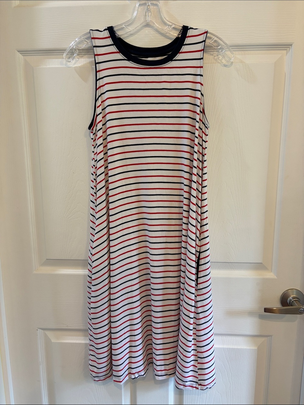 Striped Sleeveless Swing Dress in White, Navy & Red